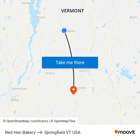 Red Hen Bakery to Springfield VT USA map