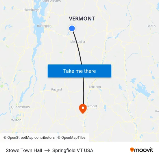Stowe Town Hall to Springfield VT USA map
