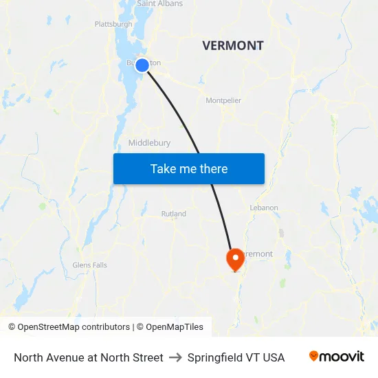 North Avenue at North Street to Springfield VT USA map