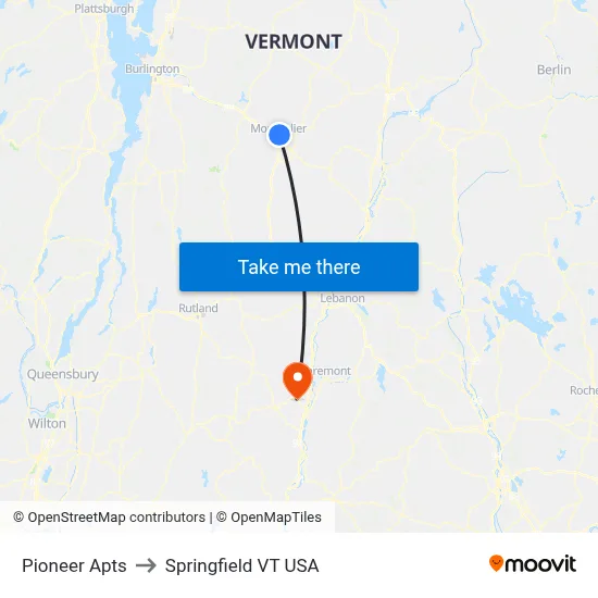 Pioneer Apts to Springfield VT USA map