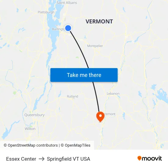 Essex Center to Springfield VT USA map