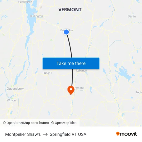 Montpelier Shaw's to Springfield VT USA map