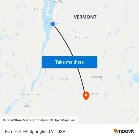 Fern Hill to Springfield VT USA map