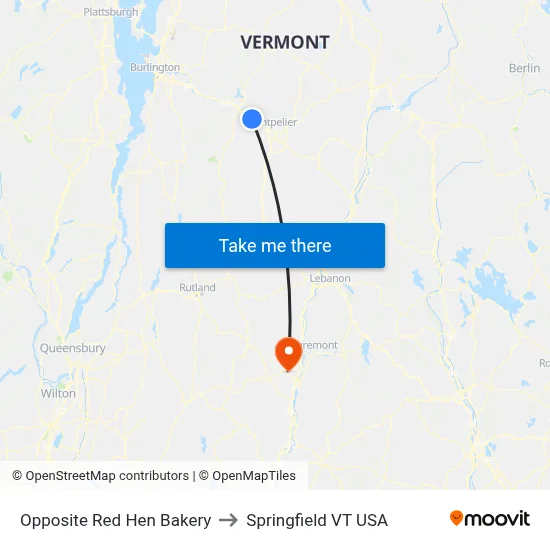 Opposite Red Hen Bakery to Springfield VT USA map