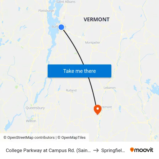 College Parkway at Campus Rd. (Saint Mikes West Entrance) to Springfield VT USA map