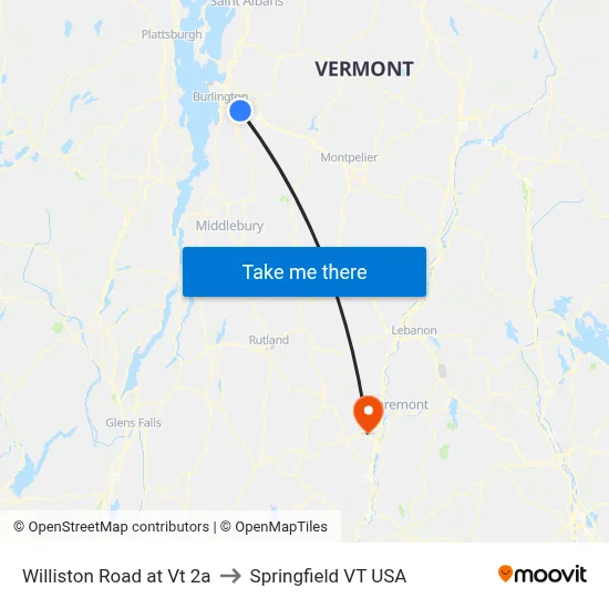 Williston Road at Vt 2a to Springfield VT USA map