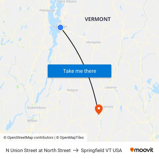 N Union Street at North Street to Springfield VT USA map