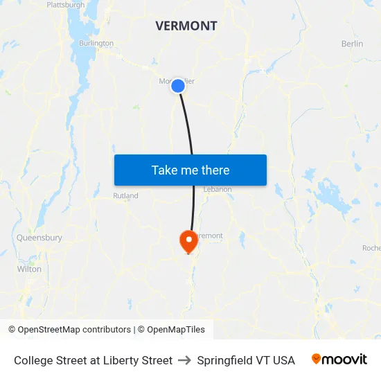 College Street at Liberty Street to Springfield VT USA map