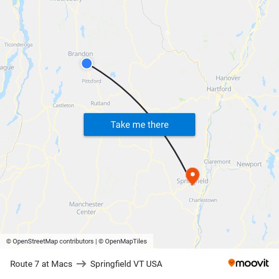 Route 7 at Macs to Springfield VT USA map