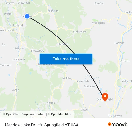 Meadow Lake Dr. to Springfield VT USA map