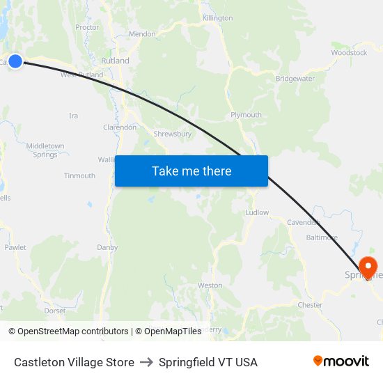 Castleton Village Store to Springfield VT USA map