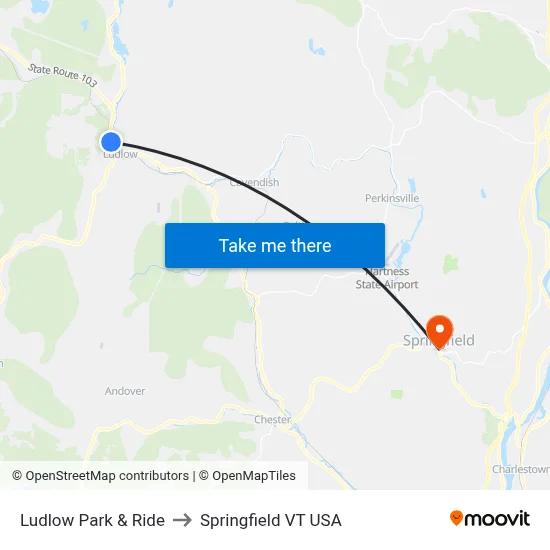 Ludlow Park & Ride to Springfield VT USA map