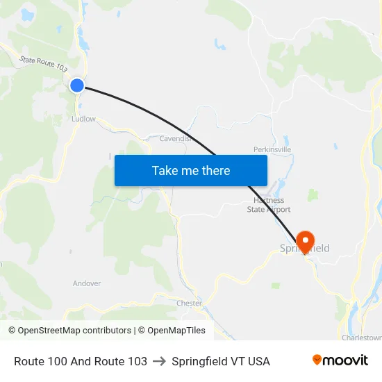 Route 100 And Route 103 to Springfield VT USA map