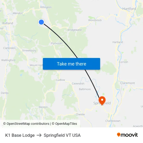 K1 Base Lodge to Springfield VT USA map