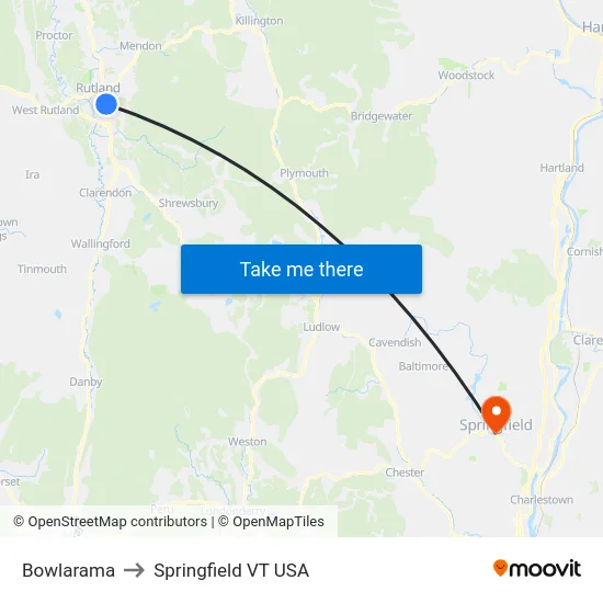 Bowlarama to Springfield VT USA map