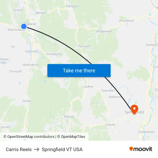 Carris Reels to Springfield VT USA map