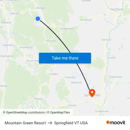 Mountain Green Resort to Springfield VT USA map