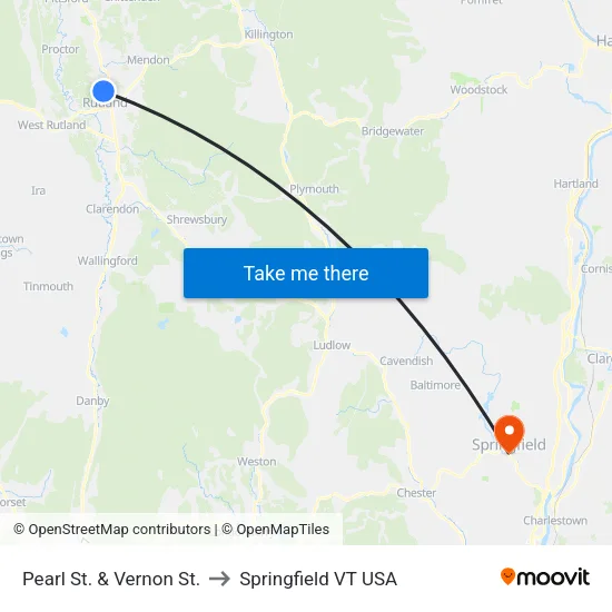 Pearl St. & Vernon St. to Springfield VT USA map