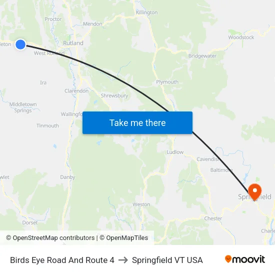 Birds Eye Road And Route 4 to Springfield VT USA map