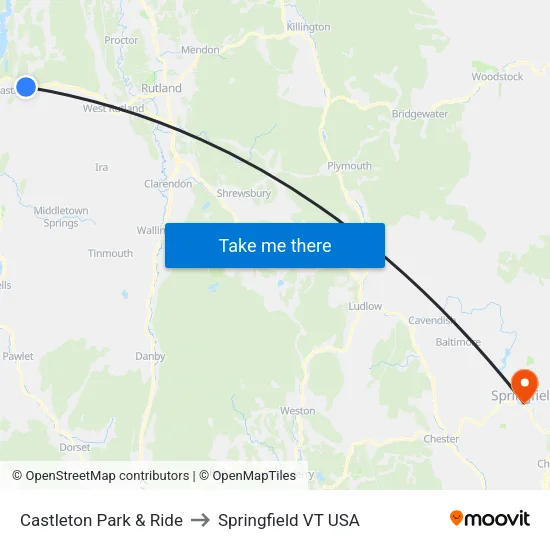 Castleton Park & Ride to Springfield VT USA map