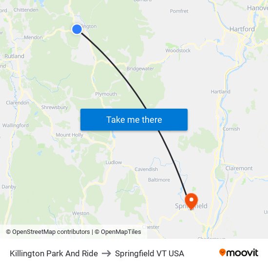 Killington Park And Ride to Springfield VT USA map