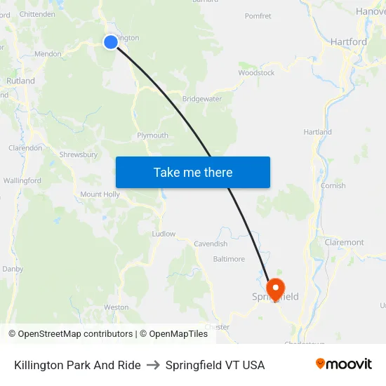 Killington Park And Ride to Springfield VT USA map
