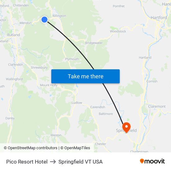 Pico Resort Hotel to Springfield VT USA map