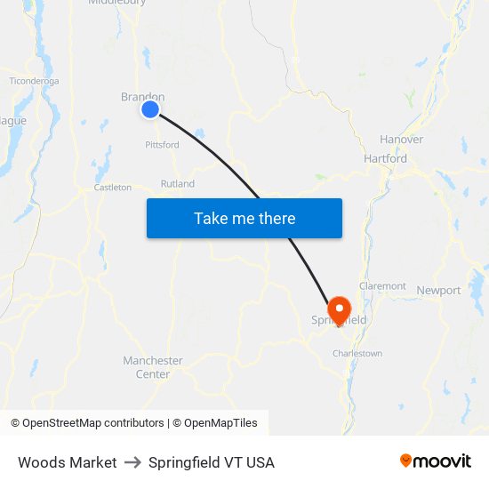 Woods Market to Springfield VT USA map