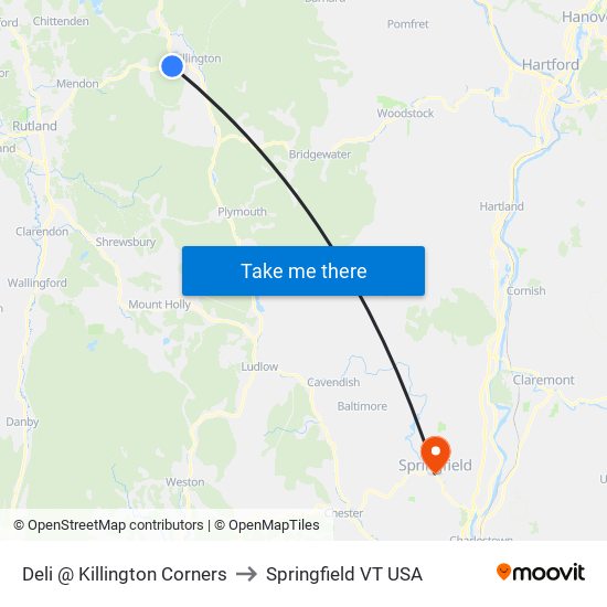 Deli @ Killington Corners to Springfield VT USA map