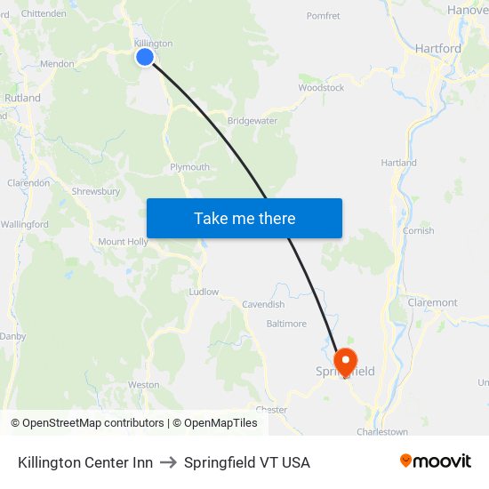 Killington Center Inn to Springfield VT USA map