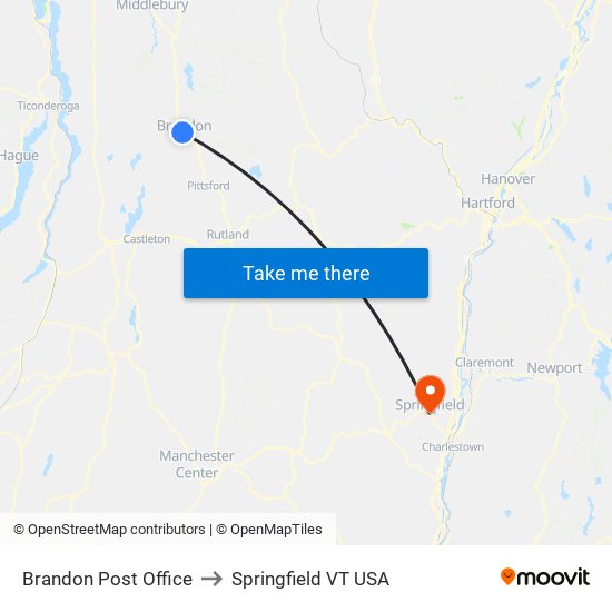 Brandon Post Office to Springfield VT USA map