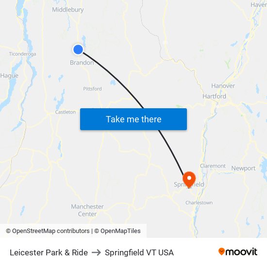 Leicester Park & Ride to Springfield VT USA map