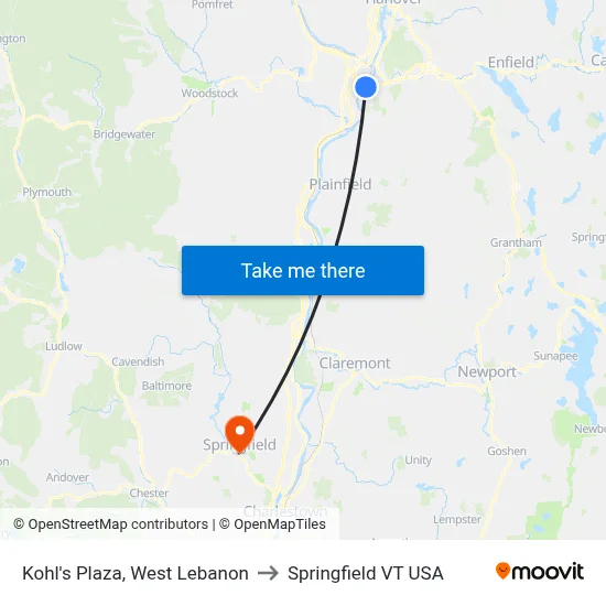 Kohl's Plaza, West Lebanon to Springfield VT USA map