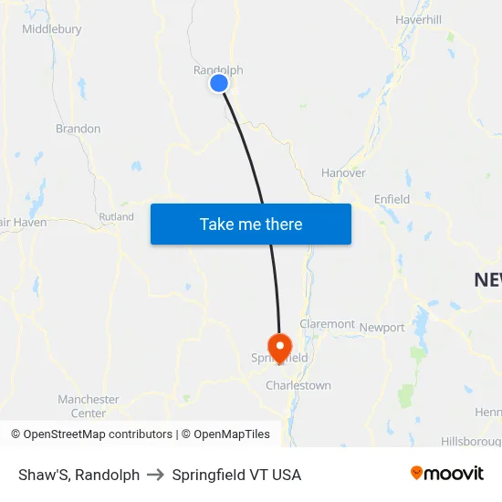 Shaw'S, Randolph to Springfield VT USA map