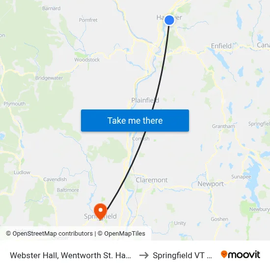 Webster Hall, Wentworth St. Hanover to Springfield VT USA map