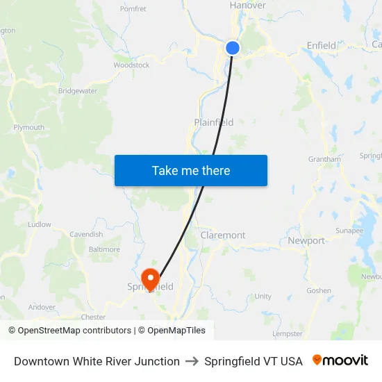 Downtown White River Junction to Springfield VT USA map