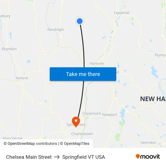 Chelsea Main Street to Springfield VT USA map