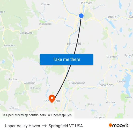 Upper Valley Haven to Springfield VT USA map