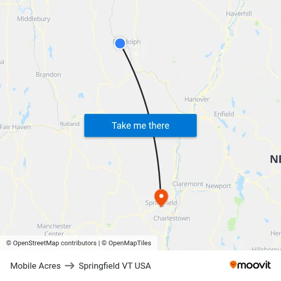 Mobile Acres to Springfield VT USA map