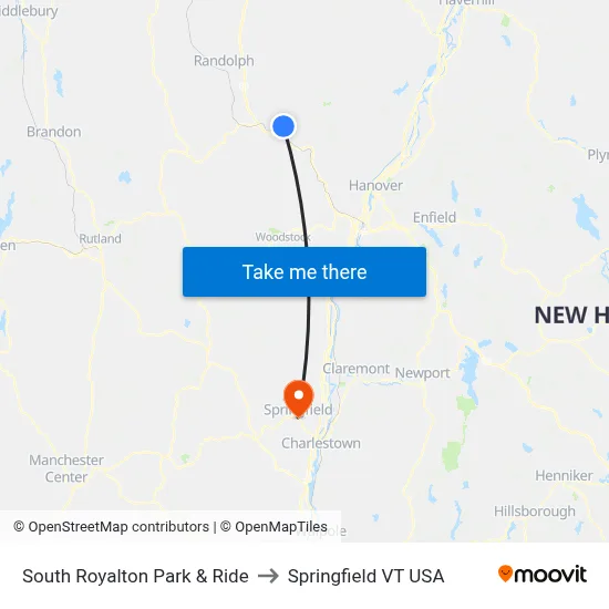 South Royalton Park & Ride to Springfield VT USA map