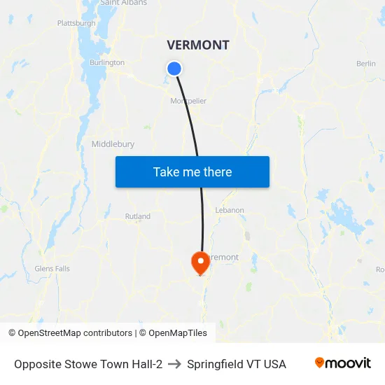 Opposite Stowe Town Hall-2 to Springfield VT USA map
