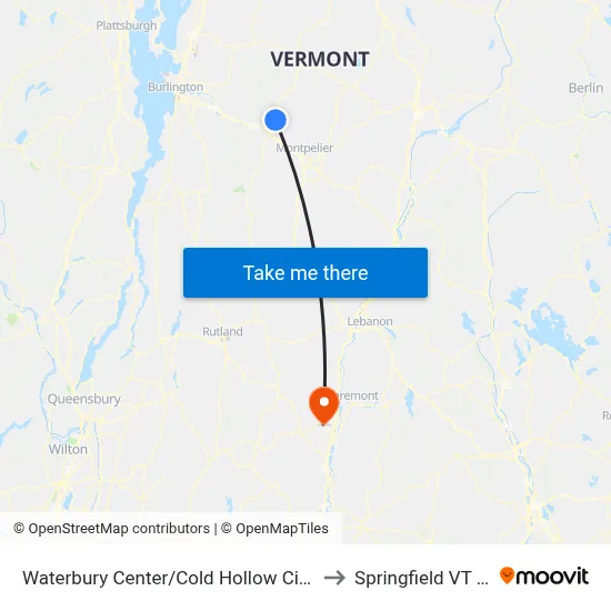 Waterbury Center/Cold Hollow Cider Mill to Springfield VT USA map
