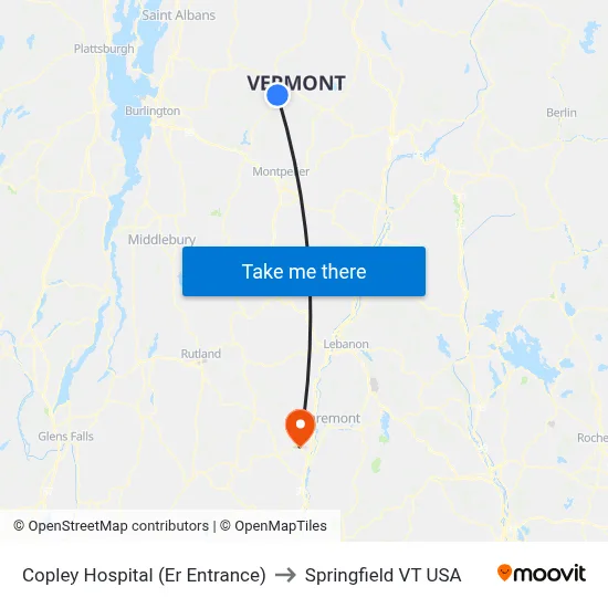 Copley Hospital (Er Entrance) to Springfield VT USA map