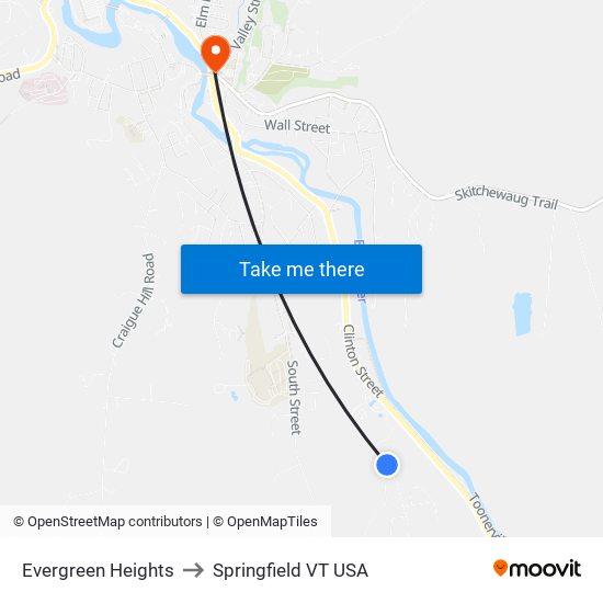 Evergreen Heights to Springfield VT USA map