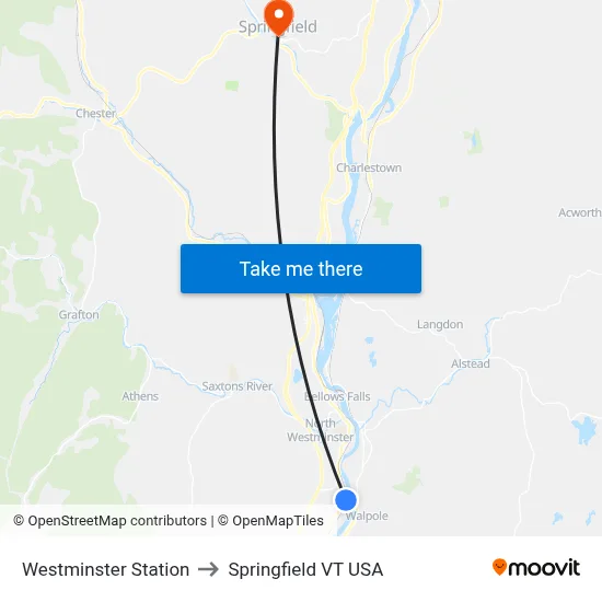 Westminster Station to Springfield VT USA map