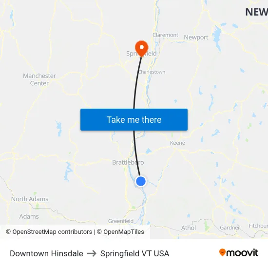 Downtown Hinsdale to Springfield VT USA map