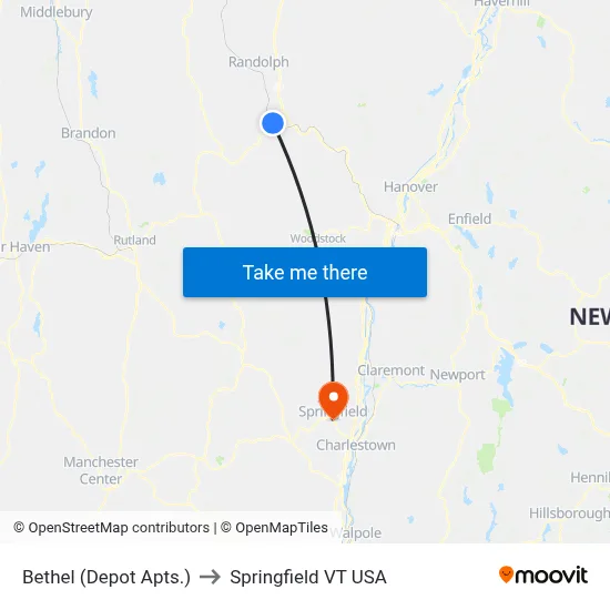Bethel (Depot Apts.) to Springfield VT USA map