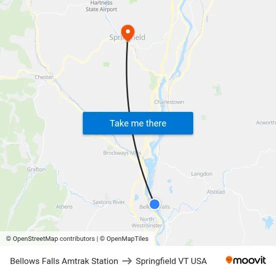 Bellows Falls Amtrak Station to Springfield VT USA map
