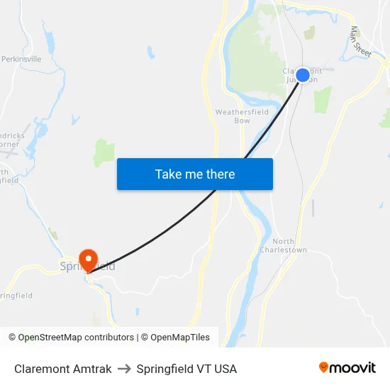 Claremont Amtrak to Springfield VT USA map
