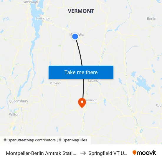 Montpelier-Berlin Amtrak Station to Springfield VT USA map